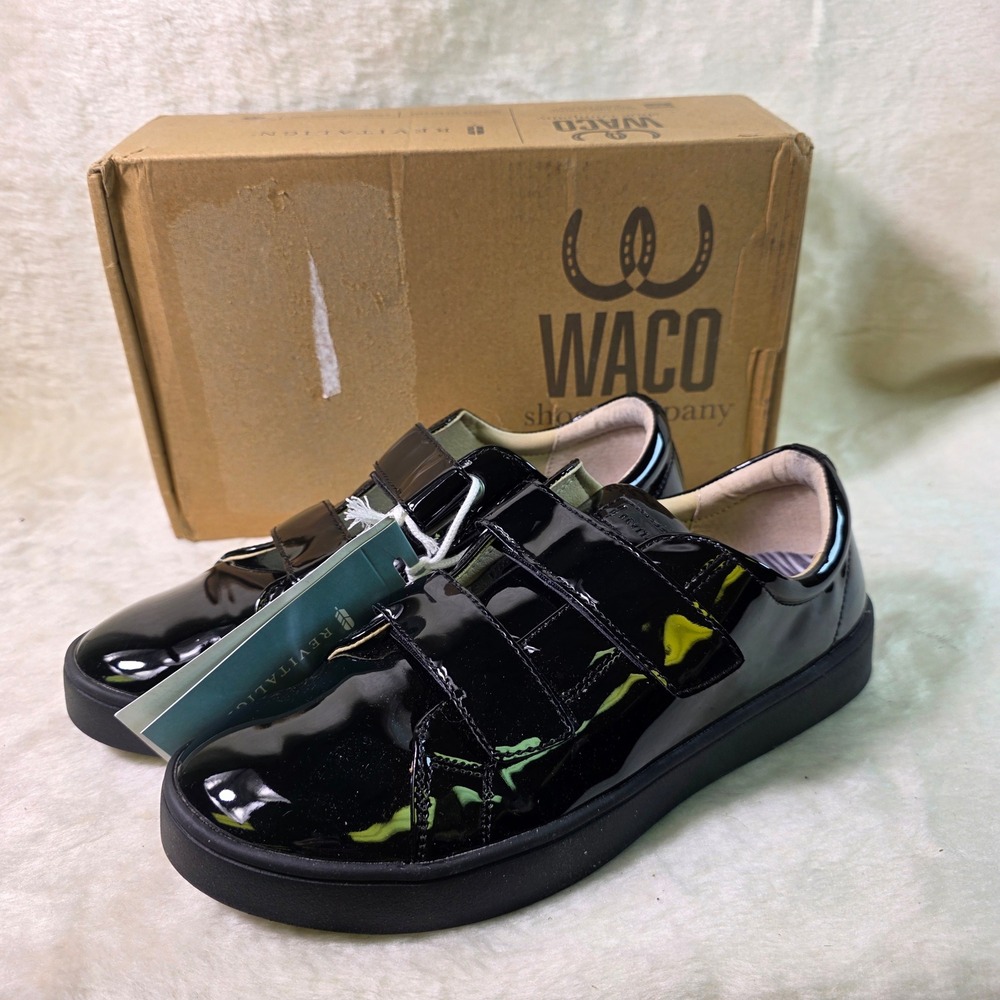 WACO Revitalign Hook Loop Sneakers Patent Leather Black Women 8.5D WIDE NEW